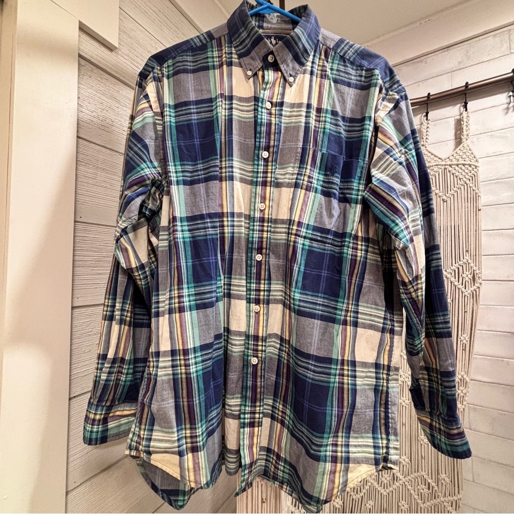 Vintage 90s Men's Ralph Lauren Blue Plaid button up down Shirt Holiday Christmas